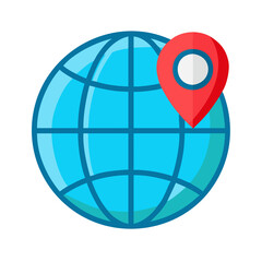 Flat vector icon of a world globe with a red location pin, travel and global business theme, isolated.