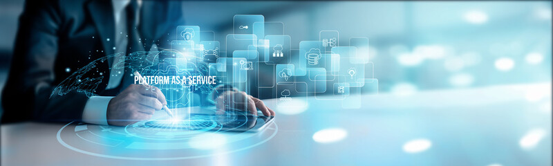 A cloud architect using a digital tablet online connects to platform-as-a-service tools, app deployment hosting integration scalability automation development frameworks.