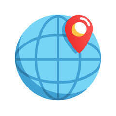 Flat vector icon of a world globe with a red location pin, travel and global business theme, isolated.