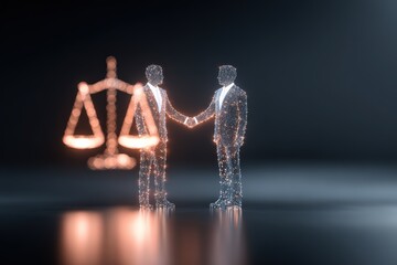 Digital Businessmen Shaking Hands with Justice Scales