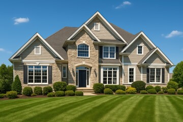 Suburban House with Lawn and Blue Sky