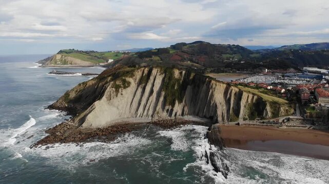 Aerial drone view of famous flysch of Zumaia, Basque Country, Spain