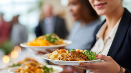 Global fusion corporate catering featuring Korean Mexican taco stations and Italian Japanese fusion bowls with international business delegates sampling diverse culinary offerings