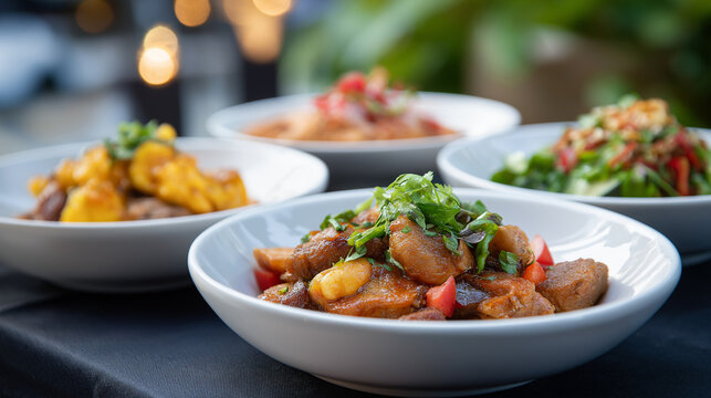 Global fusion corporate catering featuring Korean Mexican taco stations and Italian Japanese fusion bowls with international business delegates sampling diverse culinary offerings