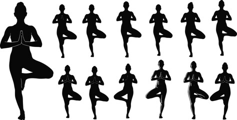 Yoga tree pose silhouette set, black vector, balance posture, fitness, wellness, meditation, stretching, flexibility, training, pilates, body alignment, exercise