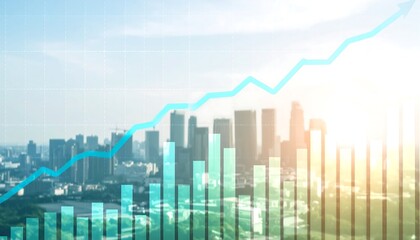 City skyline with upward trending graphs