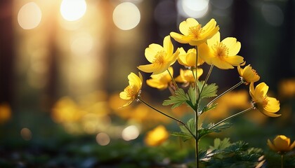 Fototapeta premium close up of a tall yellow wildflower blooming in a forest with beautiful natural bokeh sunlight highlights the delicate petals creating a dreamy and serene botanical atmosphere