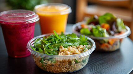 Educational conference grab and go healthy options including quinoa bowls and fresh smoothies designed for busy academic professionals between sessions blurred background with