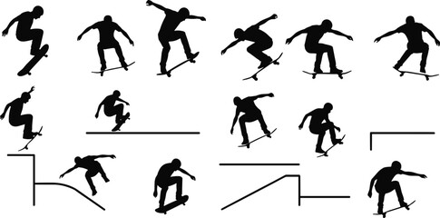 Skateboarding silhouette grid, trick variations, black vector, ramps, ledges, jump, flip, balance, motion, sport, youth, dynamic pose