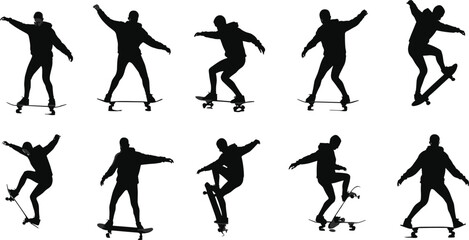 Skateboarding silhouette set, trick poses, hoodie and pants, black vector, jump, flip, balance, motion, sport, youth, dynamic stance