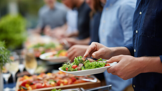 Consulting firm team building event with BBQ stations and outdoor dining setup fostering collaboration among colleagues in relaxed corporate retreat atmosphere blurred background