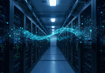 Data Center's Digital Landscape: A vibrant, azure digital stream pulses through rows of servers in a futuristic data center, illustrating the flow of information and technological advancement.