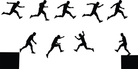 Jumping silhouette sequence, running leap, platform gap, motion vector, dynamic pose, physics, animation, action, balance, determination, sport