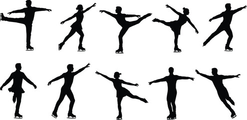 Figure skating silhouette set, ice performance poses, graceful motion, athletic balance, black vector, winter sport, spin, jump, glide, elegance
