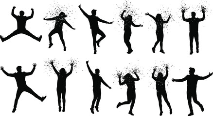 Jumping silhouette set, expressive poses, celebration motion, artistic splash, black vector, dance, freedom, joy, lifestyle, energy, movementv