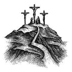 The disciples of Jesus stand at the cross on Golgotha after the crucifixion of the Savior.