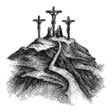 The disciples of Jesus stand at the cross on Golgotha after the crucifixion of the Savior.