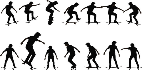 Skateboarder Silhouettes Performing Tricks, Dynamic Skateboarding Moves, Action Sequence, Extreme Sports, Youth Skateboard Stunt Frames