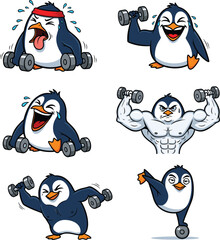 Cartoon penguins doing weightlifting, funny gym workout animals, muscular penguin characters, fitness training illustration, cute strong penguins