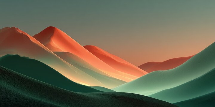 Minimal mountain-style waves in red-orange and teal-green under soft gradient dawn sky

