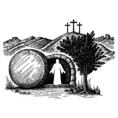 Easter, the resurrection of Jesus and the empty tomb of Christ with the stone rolled away.