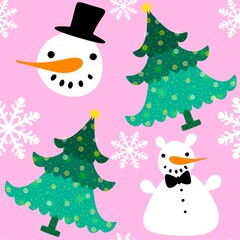 Christmas cartoon ice seamless snowman pattern for wrapping paper and fabrics