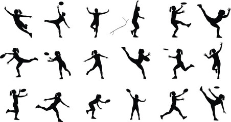 Silhouettes of Women Playing Frisbee in Various Action Poses, Outdoor Sports, Athletic Movement, Dynamic Recreation, and Active Lifestyle