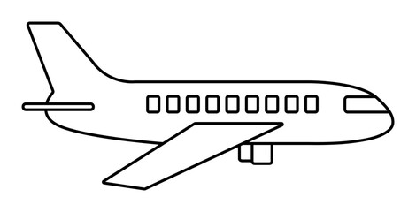 Airplane side view, vector black line icon, monochrome outline plane sign, single aircraft symbol, editable stroke jet