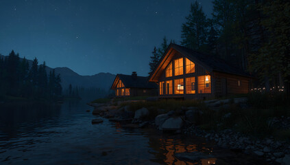 Fototapeta premium Two cozy cabins illuminated at night, nestled by a tranquil lake, surrounded by trees.