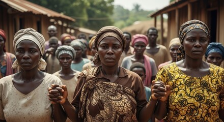 Fototapeta premium Group of Determined African Women in Traditional Clothing Holding Hands in Unity in a Rural Village Setting