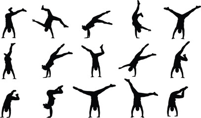 Silhouettes of People Doing Handstands and Acrobatics, Gymnastics Poses and Balance Skills, Vector Collection for Fitness, Sport, or Dance