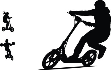 Silhouette of People Riding Electric Tricycles and Scooters, Fun Outdoor Activity, Urban Commute or Leisure, Vector Illustration on White © Bappi Creatives