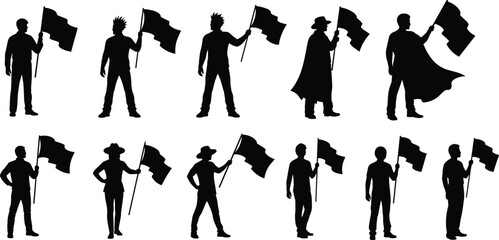 Obraz premium Silhouette People Holding Flags in Different Outfits, Group of Protesters, Activists, or Celebrators, Vector Illustration on White Background
