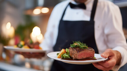 Private chef preparing intimate dinner service in luxury home kitchen with fine dining presentation and personalized menu planning for exclusive clientele blurred background wit