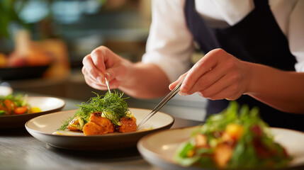 Naklejka premium Food stylist arranging dishes for photography with tweezers and brushes creating picture perfect presentations for cookbook and advertising shoots in professional studio kitchen