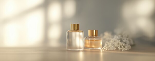 Modern fragrance presentation featuring glass perfume bottles with golden details, ideal for luxury marketing and advertising.