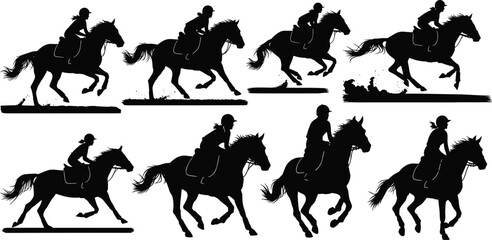 Silhouettes of horse riders galloping and trotting, showing dynamic equestrian action and horse riding movement in black and white