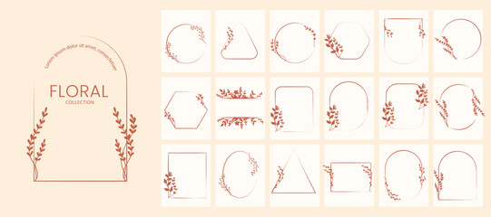 Set of hand drawn floral logo elements. Boho wedding herb, leaves, and frames collection.