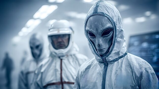 Aliens and astronauts collaborating in futuristic spaceship interior - Powered by Adobe