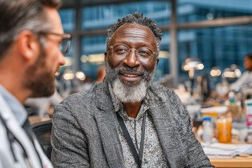 African American man smiling while engaging in conversation with colleague in modern office setting