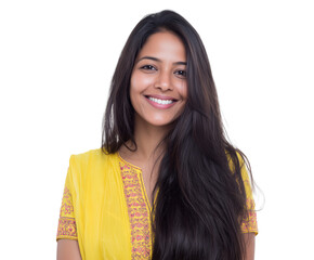 Portrait of smiling Indian woman in traditional yellow dress