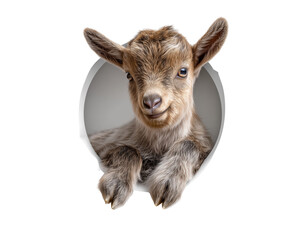 Cute baby goat looking through hole