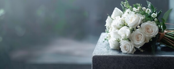 Beautiful white flowers, roses, over marble background. Bouquet of flowers at cemetery , funeral concept.