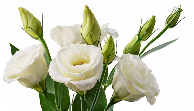 elegant bouquet of four creamy white lisianthus flowers with green stems and buds background removed