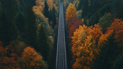 Aerial view of railway tracks through autumn forest landscape scenic travel destination photography