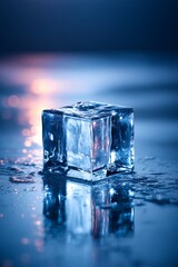 Close-up of a melting ice cube reflecting soft bluish light.