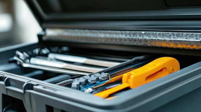 Open toolbox with various metal tools and yellow utility knife
