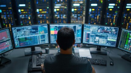 Medium shot of a network specialist examining packet transmission rates on multiple screens with blurred routers and servers behind.