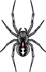 This illustration showcases a black widow spider rendered in pixel art style. 