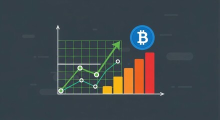 Cryptocurrency Financial Graph Showing Upward Trend and Growth with Bar Chart and Digital Coin on Dark Background